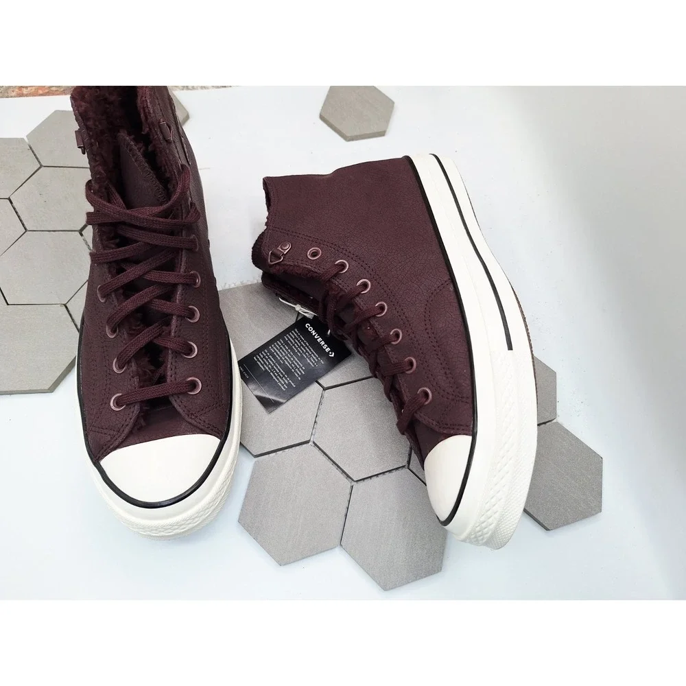 Converse Chuck 70 Distressed Leather Bloodstone Wine Lined Fur Sherpa Warm Sz 12 - Picture 14 of 16